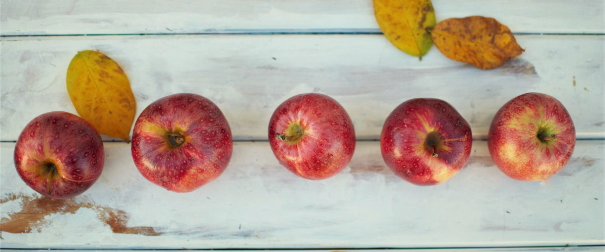 apples and fall leaves on a white board